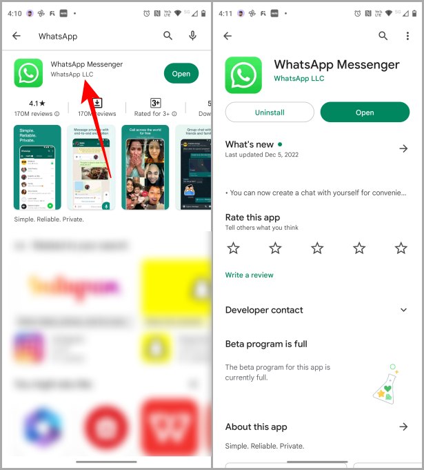 Обновление WhatsApp в Play Store на Android