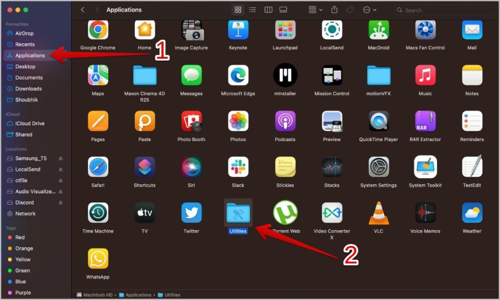 Открытие папки «Утилиты» на Mac