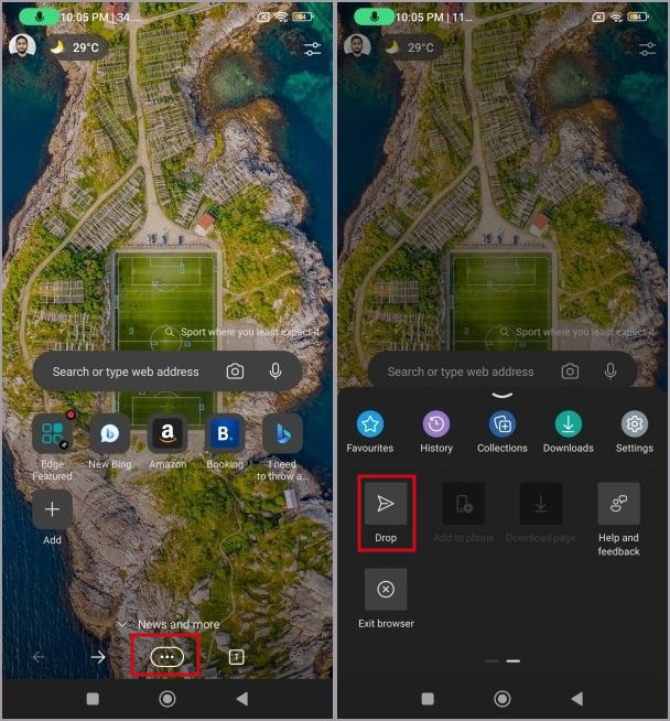 Открытие раздела Edge Drop в Microsoft Edge на Android