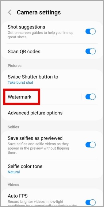 Настройки водяных знаков в приложении Samsung Camera