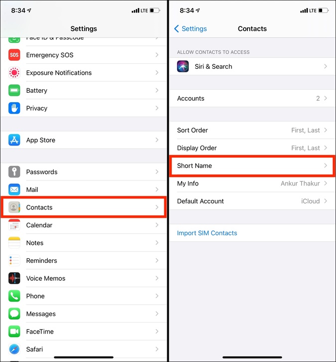 Короткое имя в настройках контактов на iPhone