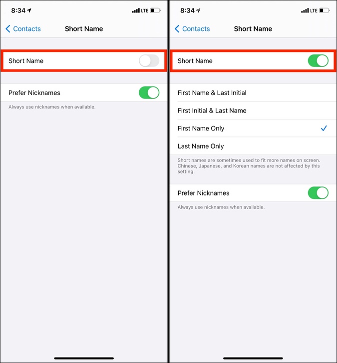 Отключить и включить короткое имя на iPhone