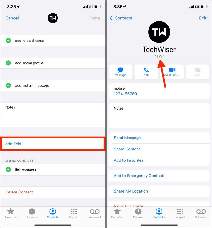 Добавьте поле «Псевдоним» в приложение «Контакты» на iPhone