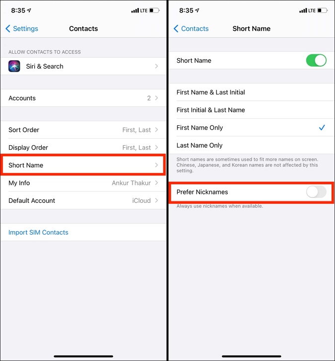 Отключите параметр «Предпочитать псевдонимы по короткому имени» в настройках контактов на iPhone.