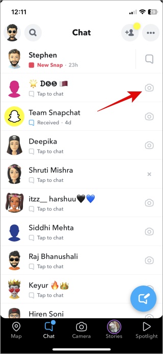Значок камеры на вкладке чата Snapchat