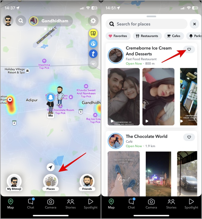 места в Snapchat и значок сердечка, чтобы сохранить местоположение в списке избранного