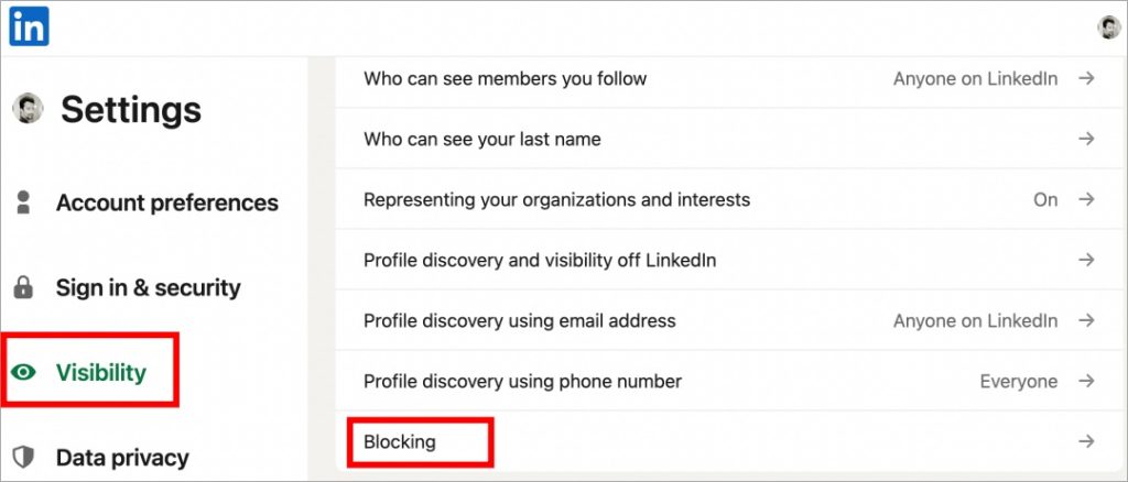 опция блокировки в настройках видимости в браузере linkedin