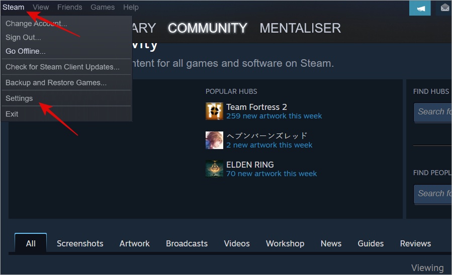 открыть настройки Steam в Windows