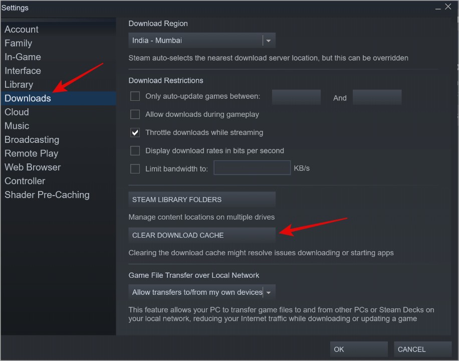 очистить кеш загрузок клиента Steam на Windows