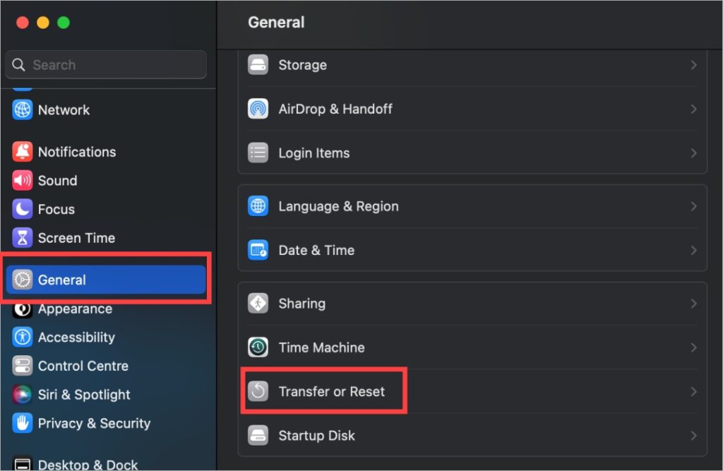 Опция переноса или сброса в общих настройках на MacBook
