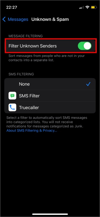 фильтровать настройки неизвестных отправителей в сообщениях iPhone