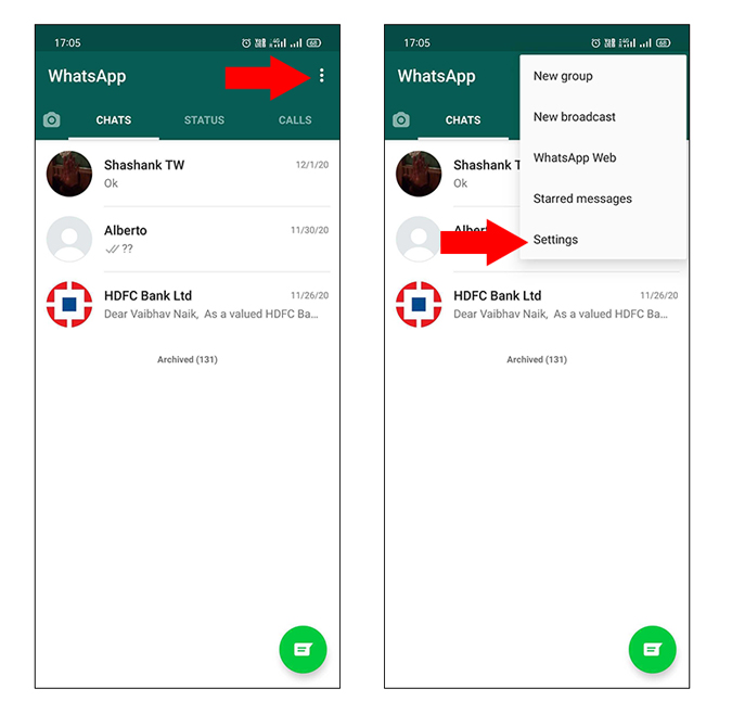 Меню настроек WhatsApp