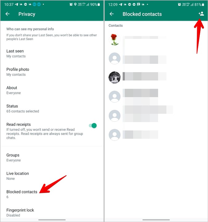 Контакты блокировки конфиденциальности WhatsApp