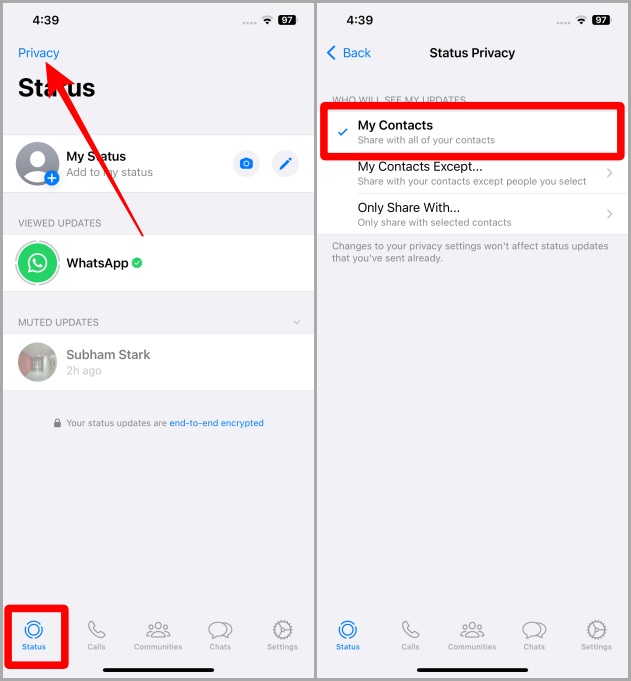 Настройки конфиденциальности статуса WhatsApp iOS