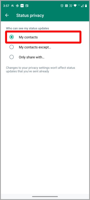 Настройки конфиденциальности статуса WhatsApp на Android