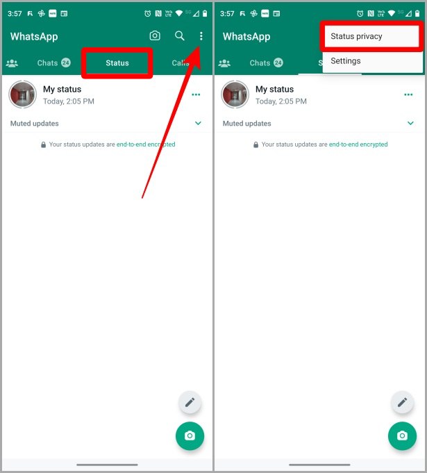 Вкладка статуса WhatsApp на Android