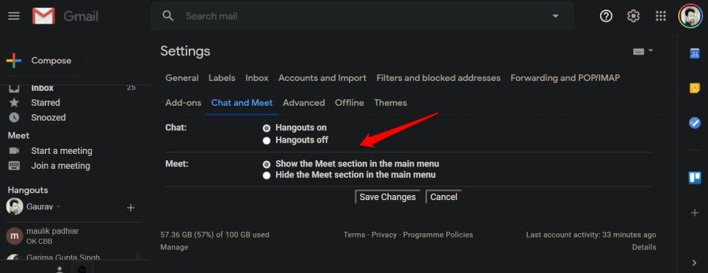 отключить Hangouts и встречаться в Gmail