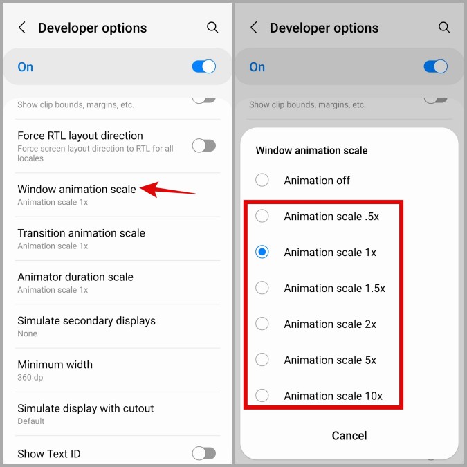 Масштаб анимации окон на телефоне Samsung Galaxy