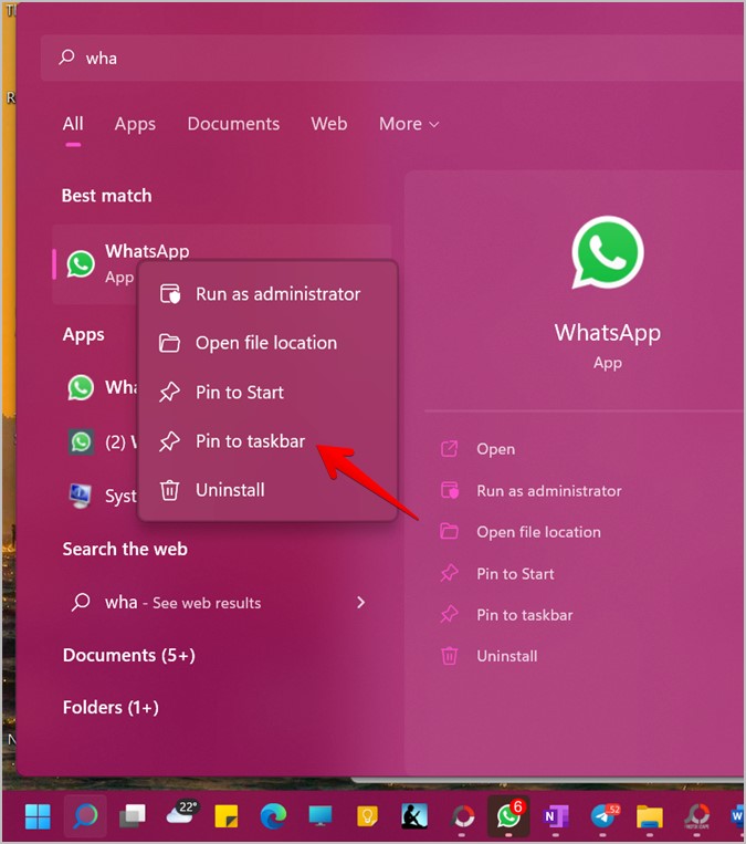 Закрепить WhatsApp для Windows на панели задач