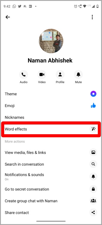 Меню «Эффекты Word» в Messenger