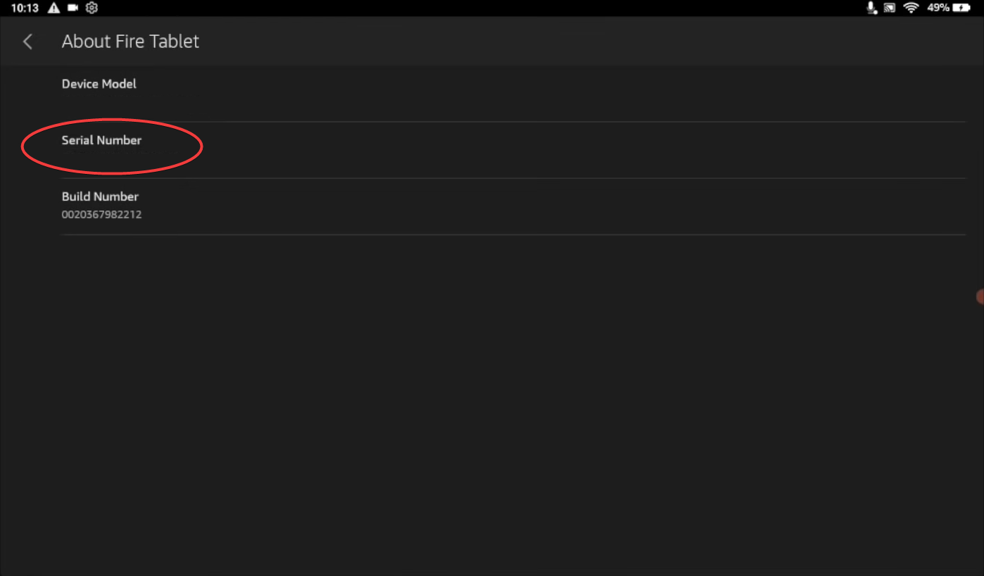 Серийный номер планшета Amazon Fire в меню «О программе»