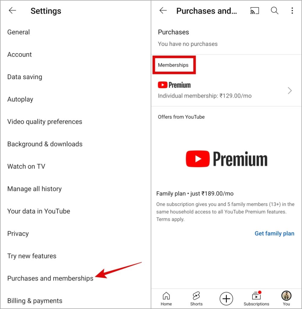Статус YouTube Premium на мобильном устройстве