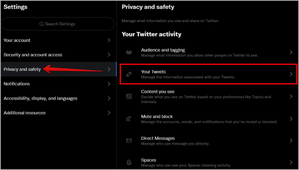 Параметр «Ваши твиты» в разделе «Конфиденциальность и безопасность»