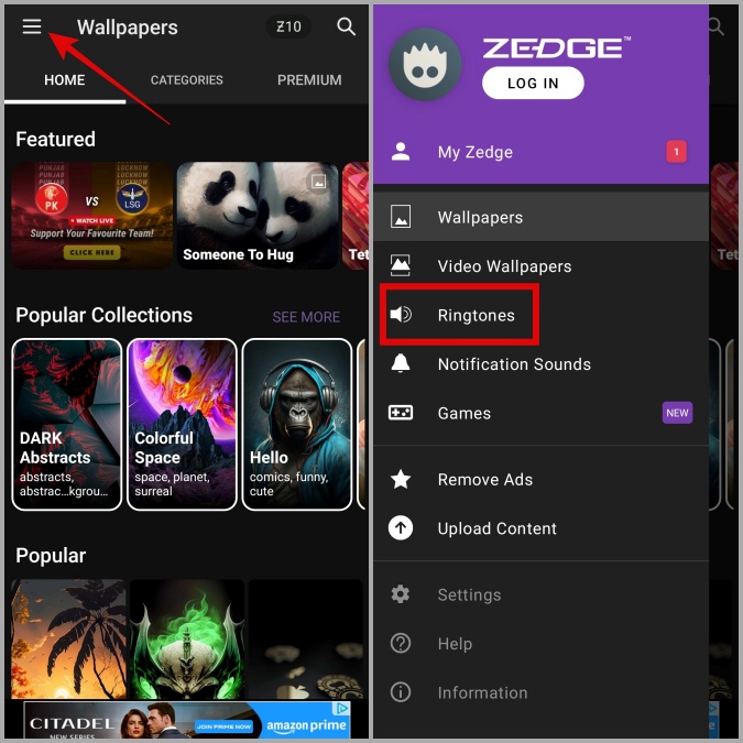 Меню приложения Zedge на телефоне Samsung