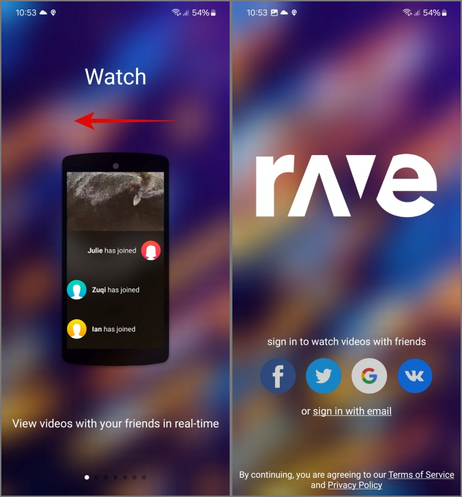 вход в приложение Rave