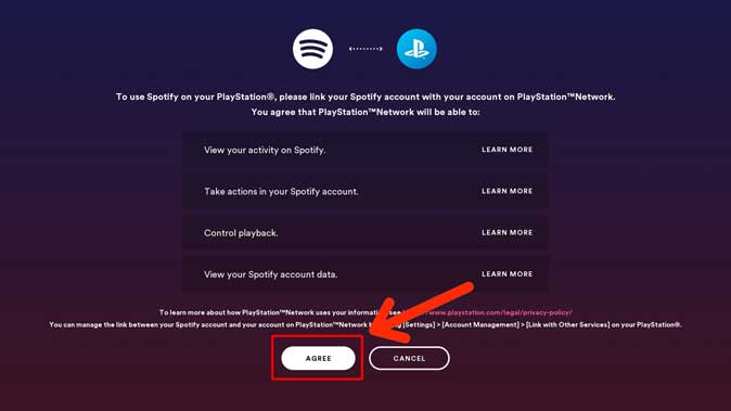 Страница соглашения о входе в Spotify PS5