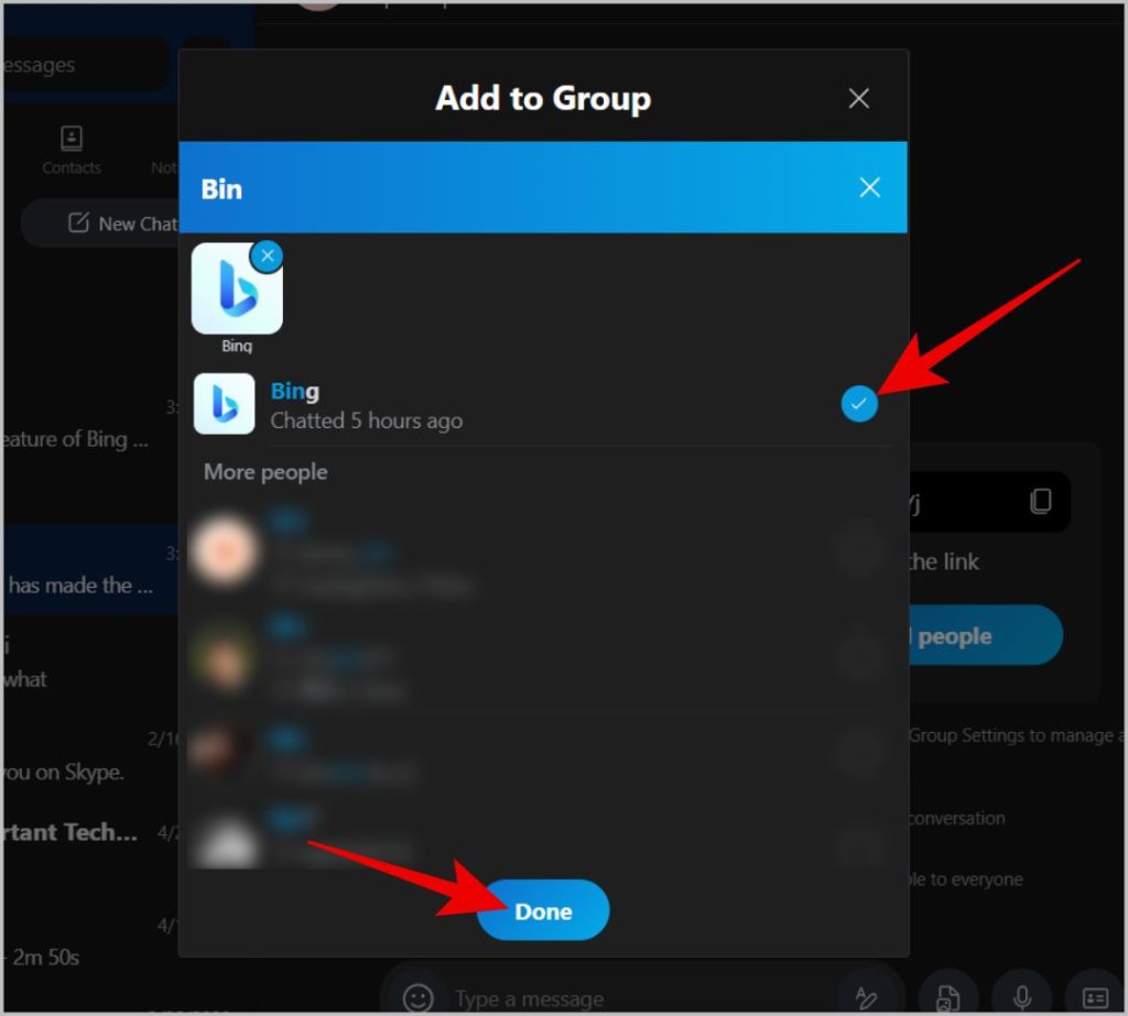 Добавление Bing в групповой чат Skype
