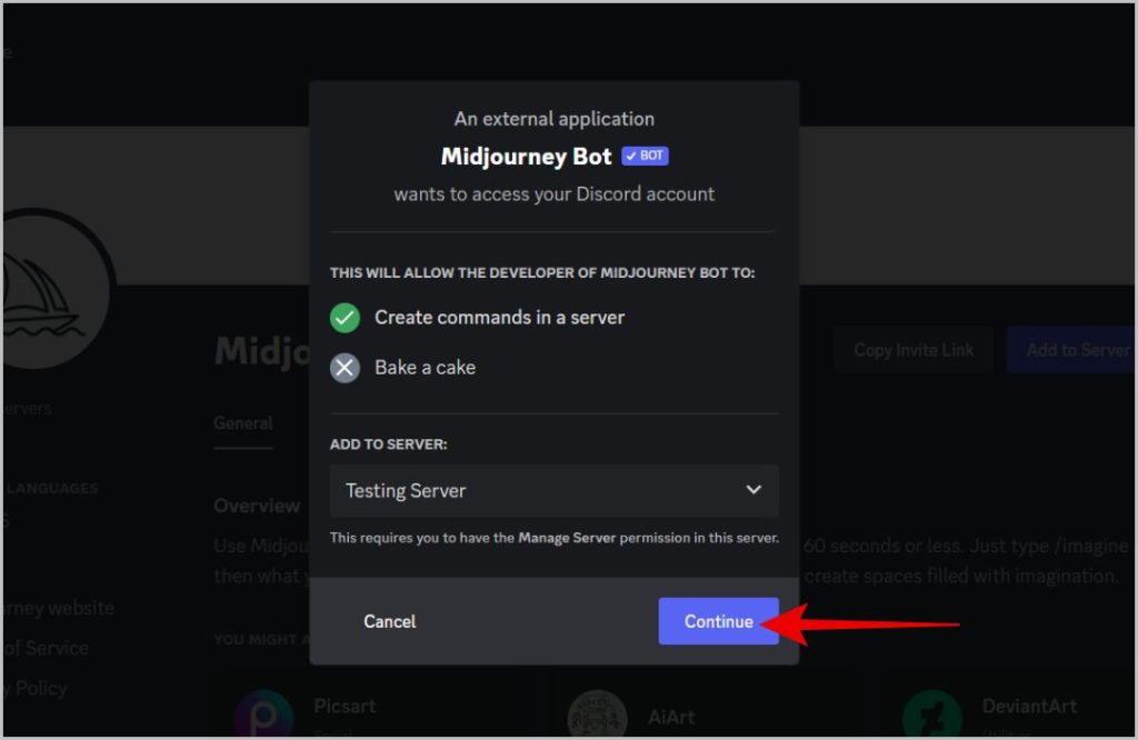 Добавление Midjourney на сервер Discord