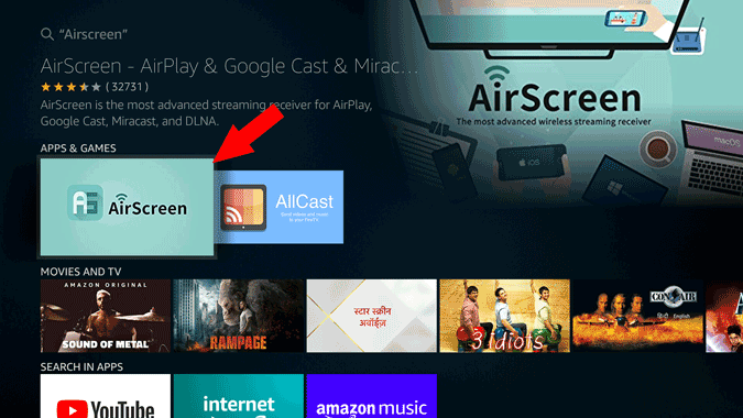 Найдите Airscreen на Fire TV