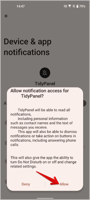 Разрешить доступ к уведомлениям для Tidypanel