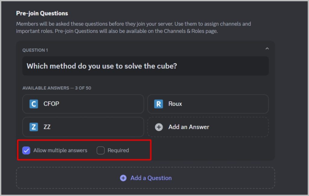Разрешить несколько ответов и обязательные ответы при регистрации в Discord