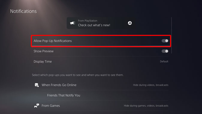 отключить всплывающие уведомления на PS5