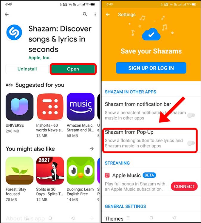 Shazam из всплывающего окна на Android