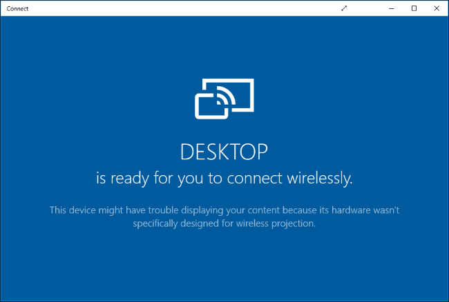 При использовании приложения Connect в Windows 10 отображается синий экран с некоторой информацией о рабочем столе, готовом к беспроводному подключению.