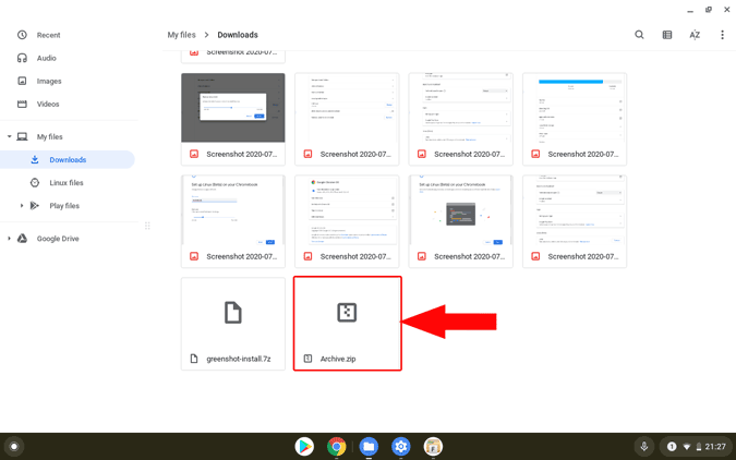 создание zip-файла в Chromebook с помощью приложения «Файлы»