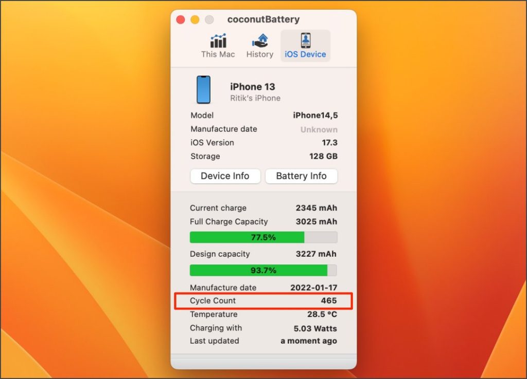 Coconutbattery показывает количество циклов зарядки аккумулятора iPhone на Mac
