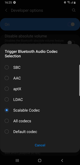 изменить аудиокодек Bluetooth на масштабируемый sbc на смартфоне Samsung