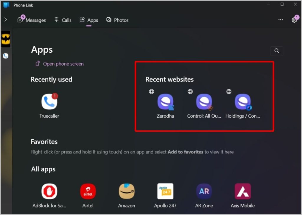 Недавние веб-сайты в Phone Link в Windows