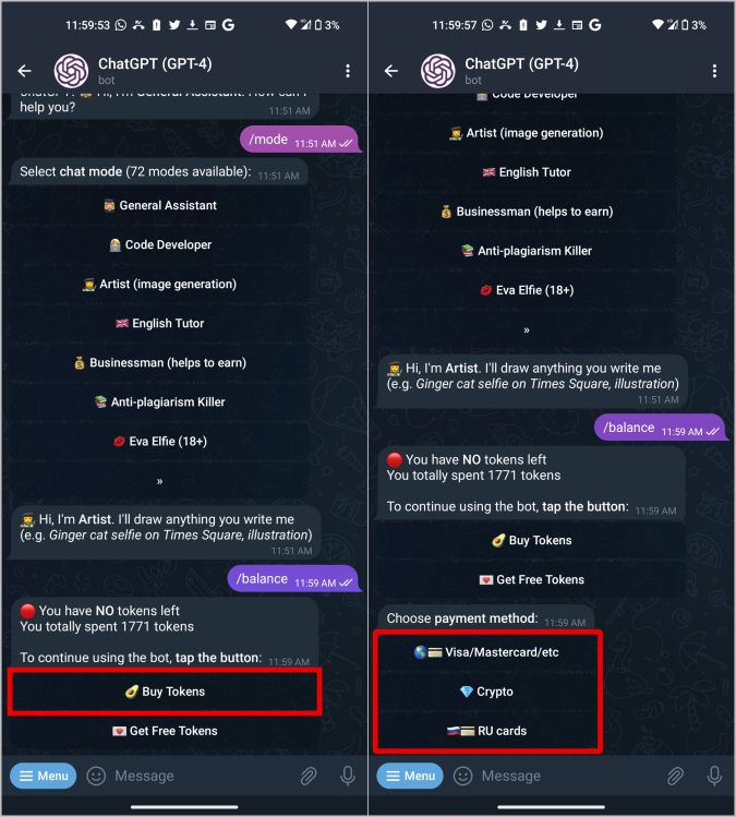 купить токены в Telegram-боте ChatGPT