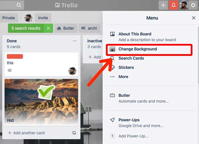 кнопка изменения фона на доске Trello