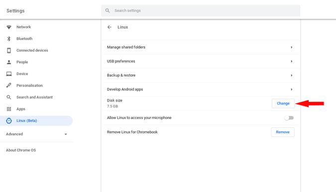 изменение размера диска Linux на Chromebook