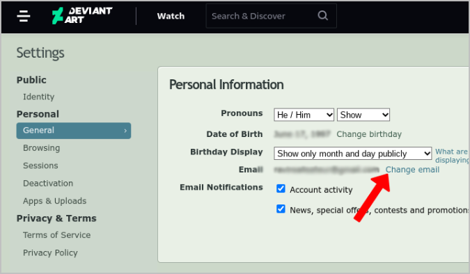 Изменение адреса электронной почты на DeviantArt