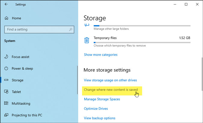 изменить место сохранения нового контента в настройках Windows