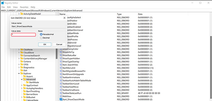 измените значение ключа Start_ShowClassicMode на 1 в Windows 11