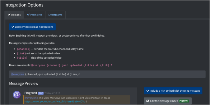 Уведомление о настройке Pingcord на YouTube