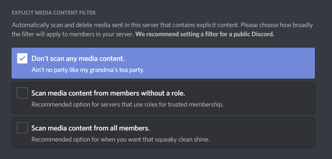 изменение фильтра медиаконтента на сервере Discord